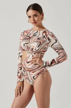 Cassidy Marble Swirl Side Cutout Bodysuit -Chic Ladies Wear Shop AT17550B BROWNSWIRL 3