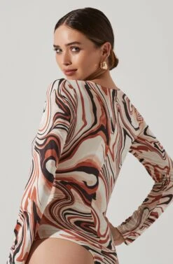 Cassidy Marble Swirl Side Cutout Bodysuit -Chic Ladies Wear Shop AT17550B BROWNSWIRL 4