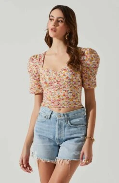 Floral Smocked Sweetheart Neck Puff Sleeve Top -Chic Ladies Wear Shop AT17552 PINKREDMULTIFL 4