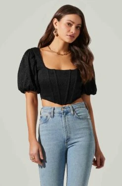 Eyelet Square Neck Balloon Sleeve Bustier Top -Chic Ladies Wear Shop AT17562 BLACK 2