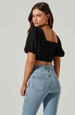Eyelet Square Neck Balloon Sleeve Bustier Top -Chic Ladies Wear Shop AT17562 BLACK 4