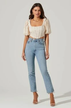 Eyelet Square Neck Balloon Sleeve Bustier Top -Chic Ladies Wear Shop AT17562 CREAM 2