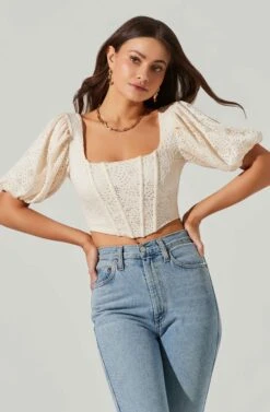 Eyelet Square Neck Balloon Sleeve Bustier Top -Chic Ladies Wear Shop AT17562 CREAM 3