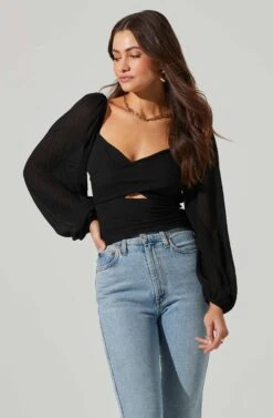 Long Sleeve Plisse Cross Bust Top -Chic Ladies Wear Shop AT17587 BLACK 2