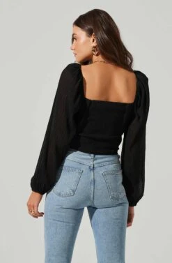 Long Sleeve Plisse Cross Bust Top -Chic Ladies Wear Shop AT17587 BLACK 4