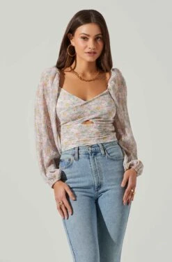 Long Sleeve Plisse Cross Bust Top -Chic Ladies Wear Shop AT17587 PINKBLUEMULTIFL 2