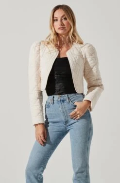 Lucia Quilted Cropped Puff Sleeve Jacket -Chic Ladies Wear Shop AT17627 OFFWHITE 2