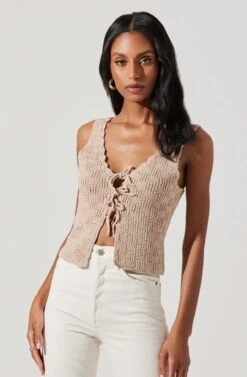 Crochet Front Tie Flyaway Top -Chic Ladies Wear Shop AT17713 TAUPE 4