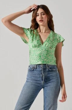 Satin V Neck Flutter Sleeve Top -Chic Ladies Wear Shop AT17746 CREAMLIMEDITSY 4