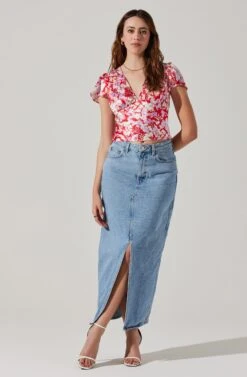 Satin V Neck Flutter Sleeve Top -Chic Ladies Wear Shop AT17746 REDLILACFLORAL 2