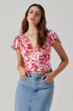 Satin V Neck Flutter Sleeve Top -Chic Ladies Wear Shop AT17746 REDLILACFLORAL 4