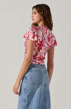 Satin V Neck Flutter Sleeve Top -Chic Ladies Wear Shop AT17746 REDLILACFLORAL 6