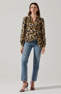 Asymmetrical Collared Floral Wrap Top -Chic Ladies Wear Shop AT17922 BLACKYELLOWFLORAL 1