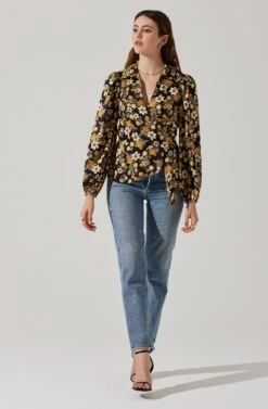 Asymmetrical Collared Floral Wrap Top -Chic Ladies Wear Shop AT17922 BLACKYELLOWFLORAL 2
