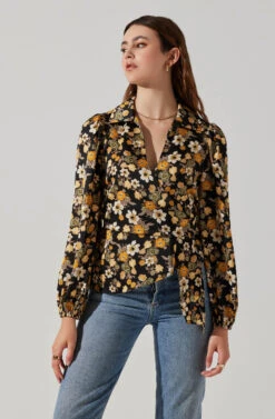 Asymmetrical Collared Floral Wrap Top -Chic Ladies Wear Shop AT17922 BLACKYELLOWFLORAL 3