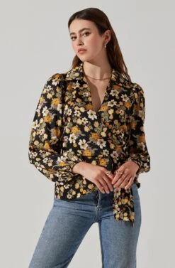 Asymmetrical Collared Floral Wrap Top -Chic Ladies Wear Shop AT17922 BLACKYELLOWFLORAL 4