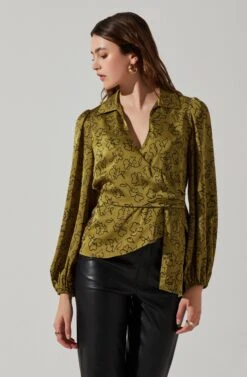 Asymmetrical Collared Floral Wrap Top -Chic Ladies Wear Shop AT17922 OLIVEFLORALSKETCH 4
