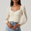 Long Sleeve Ruched Puff Sleeve Top -Chic Ladies Wear Shop AT17932YS CREAM 1