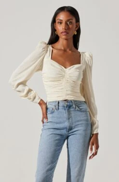 Long Sleeve Ruched Puff Sleeve Top 19 Long Sleeve Ruched Puff Sleeve Top -Chic Ladies Wear Shop AT17932YS CREAM 3