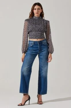 Floral Puff Sleeve Mock Neck Top -Chic Ladies Wear Shop AT17933 BLACKPURPLEFLORAL 1