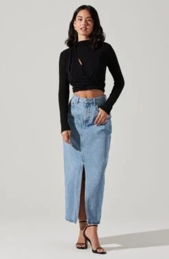 Asymmetrical Pleated Cutout Mock Neck Top 33 Asymmetrical Pleated Cutout Mock Neck Top -Chic Ladies Wear Shop AT17934 BLACK 4