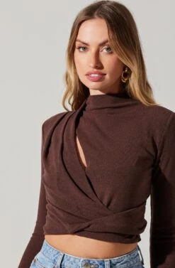 Asymmetrical Pleated Cutout Mock Neck Top 26 Asymmetrical Pleated Cutout Mock Neck Top -Chic Ladies Wear Shop AT17934 ESPRESSO 6
