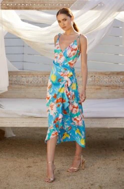 Satin Front Tie Wrap Floral Midi Dress -Chic Ladies Wear Shop MAY SummerWeddingRefresh 5.4 7350